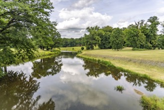 The Neisse in Muskauer Park or Park Muzakowski in Bad Muskau, Upper Lusatia, Saxony, Germany