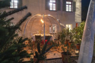 An illuminated dome at night, surrounded by plants and warm candlelight, with a set table, Gastro