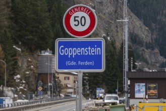 Ortsschild Goppenstein Temppolimit 50, Goppenstein, Valais, Switzerland