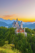 Impressive Neuschwanstein Castle nestled in lush nature against a backdrop of bright evening sky,