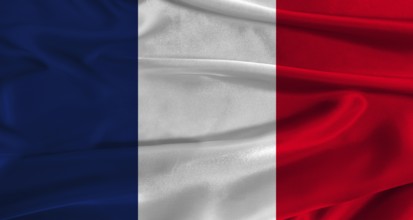 Flag of France with fabric textured background. Close up of National flag of France with realistic