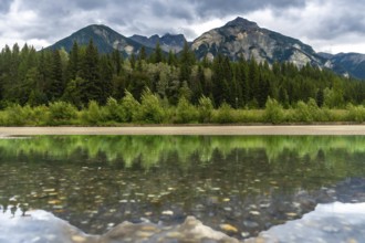 Calm waters reflecting the lush forest and majestic mount robson under a cloudy sky create a serene