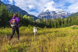 Hikers traversing a vibrant meadow under the warm sun, with mount robson towering majestically in