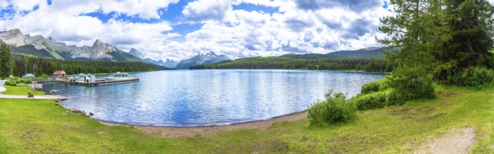 Breathtaking panorama of maligne lake, featuring crystal clear turquoise waters reflecting