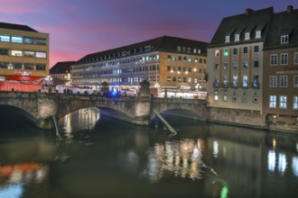 Evening view of the museum bridge with the Pegnitz river, Nuremberg, Middle Franconia, Bavaria,