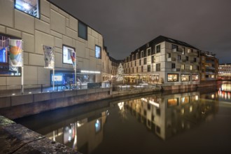 Evening view across the Pegnitz to the new Augustinerhof with museum of the future, Nuremberg