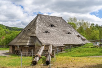 Historic copper hammer mill in a historic house with shingle roof, Museum Saigerhütte Grünthal,