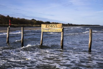 Wooden poles in the sea with wooden sign Zingst Half Island Half Paradise, Zingst,