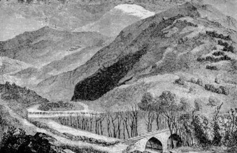 Jordan with the source river Hazbani, Israel, mountain landscape, mountain peak with snow, stone