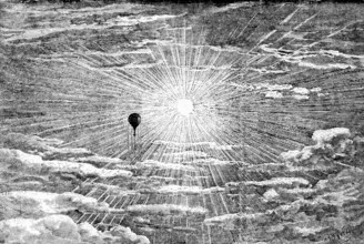 An enchanting scene seen from a balloon, meteorology, central sun, sunshine, sunrays, cloudy sky,