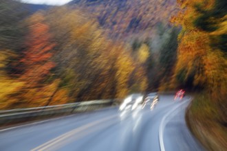 Car, light trails, rain-wet road, curvy country road, autumn leaves, Indian summer, smudge effect,