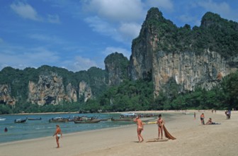 People, longtail boats, beach, Railay West, two years in front of the tsunami, Krabi, Thailand,