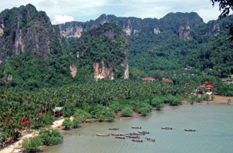 Mountains, sea, beach, boats, view of Railay East from the viewpoint, two years in front of the