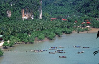 Mountains, sea, boats, view of Railay East from the viewpoint, two years in front of the tsunami,