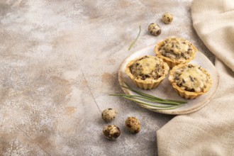 Tartlets with meat and cheese on brown concrete background and linen textile. side view, copy space