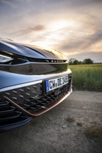 Close-up of the front of a car with sunset in the background, Deer e-car sharing, Cupra electric