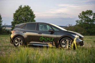 Black car seen from the side in a meadow with evening light, Deer e-car sharing, Cupra electric