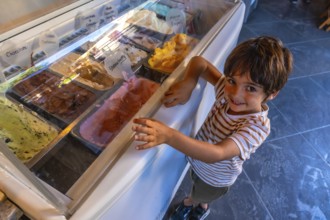 Young boy smiling while selecting his favorite ice cream flavor from a colorful display fridge in