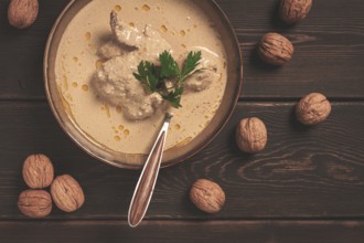 Satsivi, Georgian dish, chicken in nut sauce, cold appetizer, rustic, no people, homemade