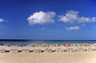 Umbrellas and sun loungers on Karon Beach, two years in front of the tsunami, Ko Phuket, Thailand,