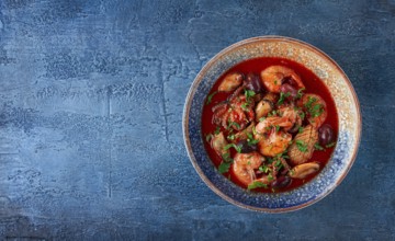 Seafood in tomato sauce with olives, on a dark blue background
