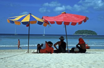 People, umbrellas, island, Kata Beach, two years in front of the tsunami, Ko Phuket, Thailand,