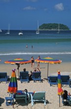 People, umbrellas, boats, island, Kata Beach, two years in front of the tsunami, Ko Phuket,