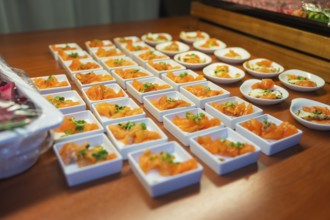 Fresh salmon starter in white square bowls, Christmas party Dekra Congresshotel Wart, Calw