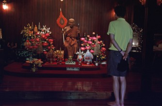 Wax monk at Wat Chalong monastery, visitor, Ko Phuket, Thailand, December 2002, vintage, retro,