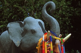 Decorated elephant figure in Wat Chalong monastery, Ko Phuket, Thailand, December 2002, vintage,