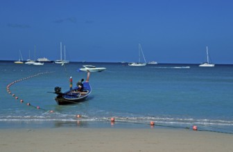 Longtail boat and yachts on Patong Beach, Ko Phuket, two years in front of the tsunami, Thailand,