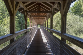 Covered wooden bridge over the Weissach river, Kreuth, Tegernseer Tal, Upper Bavaria, Bavaria,