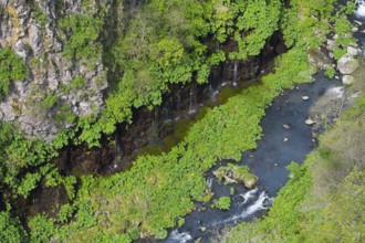 River snakes along rocks and thick vegetation, framed by steep cliffs, Dashbashi Gorge and