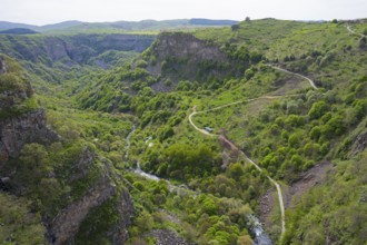 Lush green gorge with winding paths along which a river flows, surrounded by mountains, Dashbashi