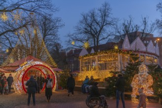 Christmas market on Holstenplatz in Kiel, city center, trees, shops, pedestrian zone, early