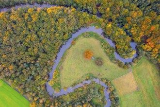 The river Hunte snakes through an autumn landscape, aerial view vertical aerial view, Huntetal,