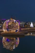 Christmas decoration in Kiel at the boat harbor, festive lighting, lights, Christmas ball, shops,