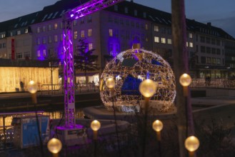 Christmas decoration in Kiel at the boat harbor, festive lighting, lights, Christmas ball, shops,