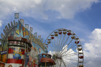 Spaßstraße sign, fun factory sign, right back Ferris wheel, fairground in Ulm Friedrichsau, public