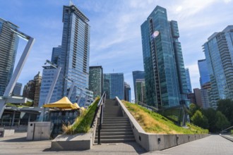Stairs leading up a grassy knoll with modern skyscrapers towering above in the heart of vancouver,
