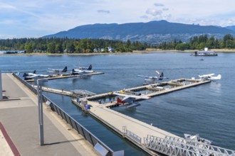 Seaplanes are docked in the harbor at coal harbour in vancouver, british columbia, canada, with