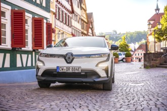 White car on cobblestone road in front of traditional half-timbered houses in sunshine, Deer