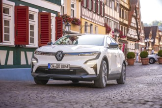White car in picturesque old town with half-timbered houses and floral decorations, Deer