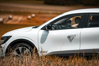 White electric car driving through a field, driver visible, summer atmosphere, deer e-car sharing,