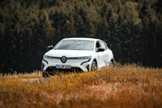 A white car is parked in a quiet field with a view of the sky, Deer E-Carsharing, Renault Megane,
