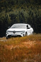 A white car drives through a beautiful meadow landscape surrounded by trees, Deer E-Carsharing,