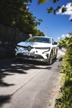 White car driving down the street on a sunny summer day, Deer e-Carsharing, Renault Megane, Calw,