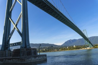 Lions gate bridge extending over burrard inlet with cityscape of vancouver and north shore