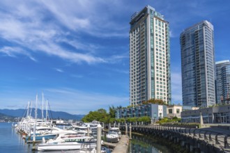 Modern residential skyscrapers rise majestically over the bustling coal harbour marina in vancouver