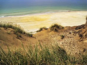 Dune landscape, Red Cliff looking down at the sandy beach, walkers on the horizon, Weststrand,